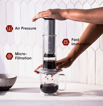 Person using an AeroPress Premium coffee maker with text labels on air pressure, fast immersion, and micro-filtration. #color_silver