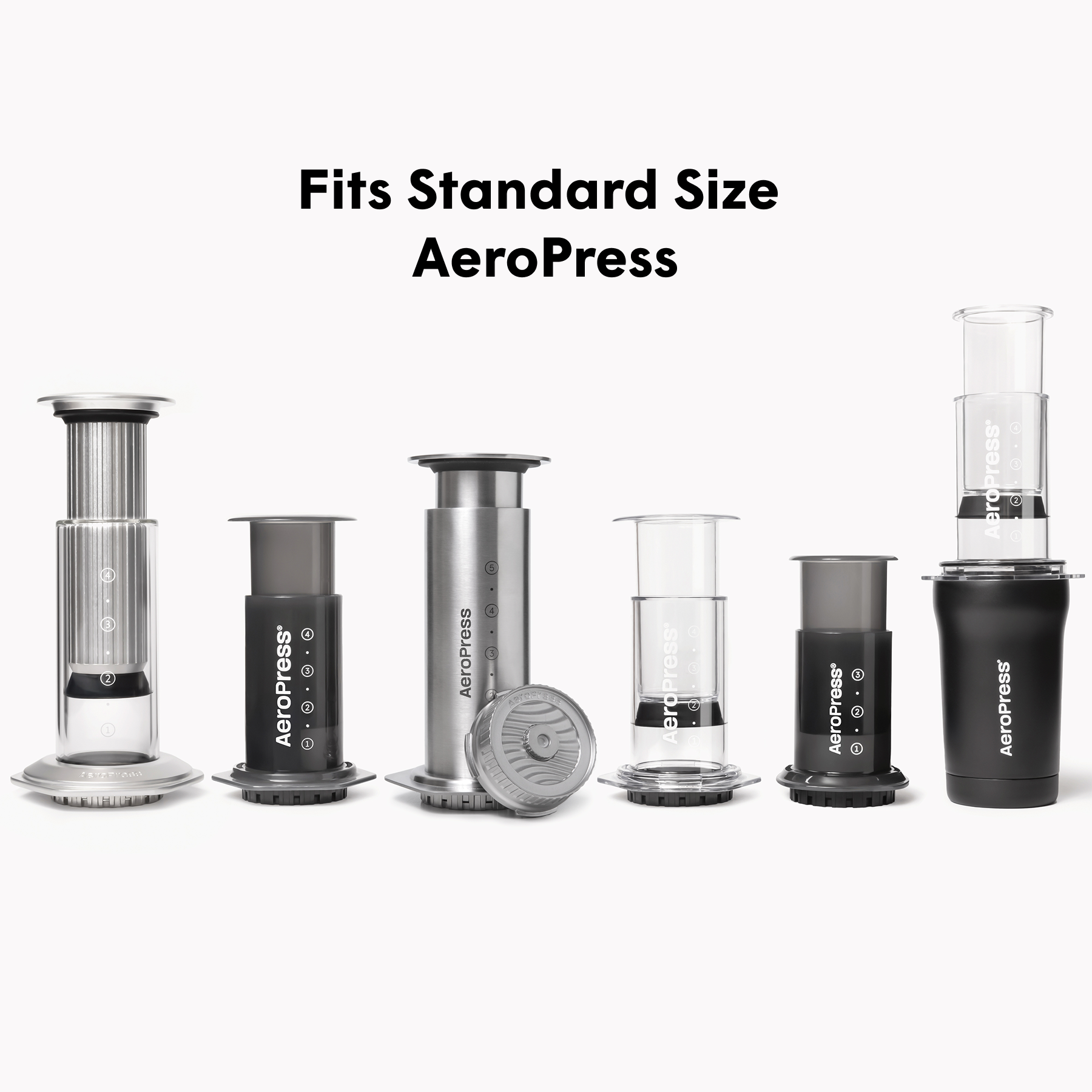 Collection of AeroPress coffee brewing devices on a white background