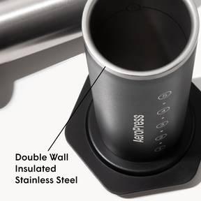Aeropress coffee maker with double wall insulated stainless steel design on a white background #color_black
