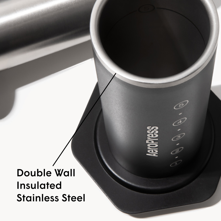 Aeropress coffee maker with double wall insulated stainless steel design on a white background #color_black
