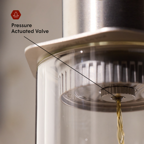 Close-up of a pressure actuated valve in a coffee brewing device with a blurred background. #color_silver