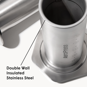 Aeropress coffee maker with double wall insulated stainless steel design on a white background #color_silver