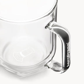 Clear glass mug with handle on a white background