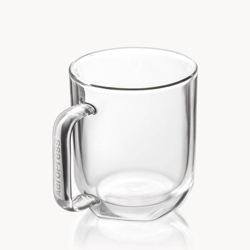Clear glass mug with handle on a white background