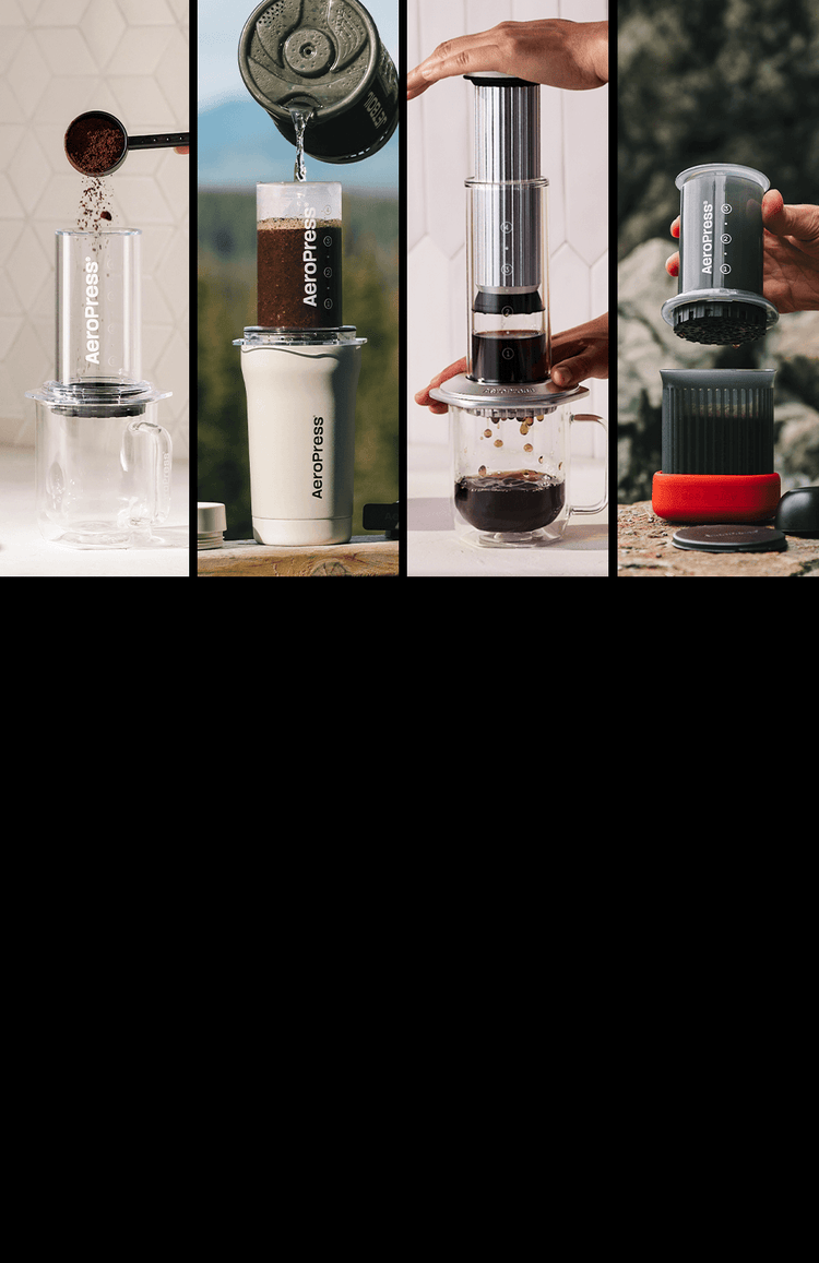 Collage of a person using an AeroPress coffee maker with different views and angles.