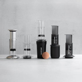 Lineup of AeroPress Premium, Clear, Go Plus, Go and Original coffee makers