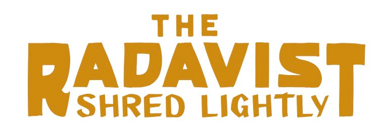 Logo with text 'The Radavist Shred Lightly' in gold on a white background