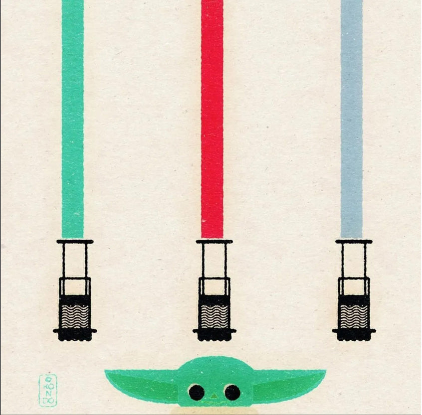 Painting of Baby Yoda and lightsabers