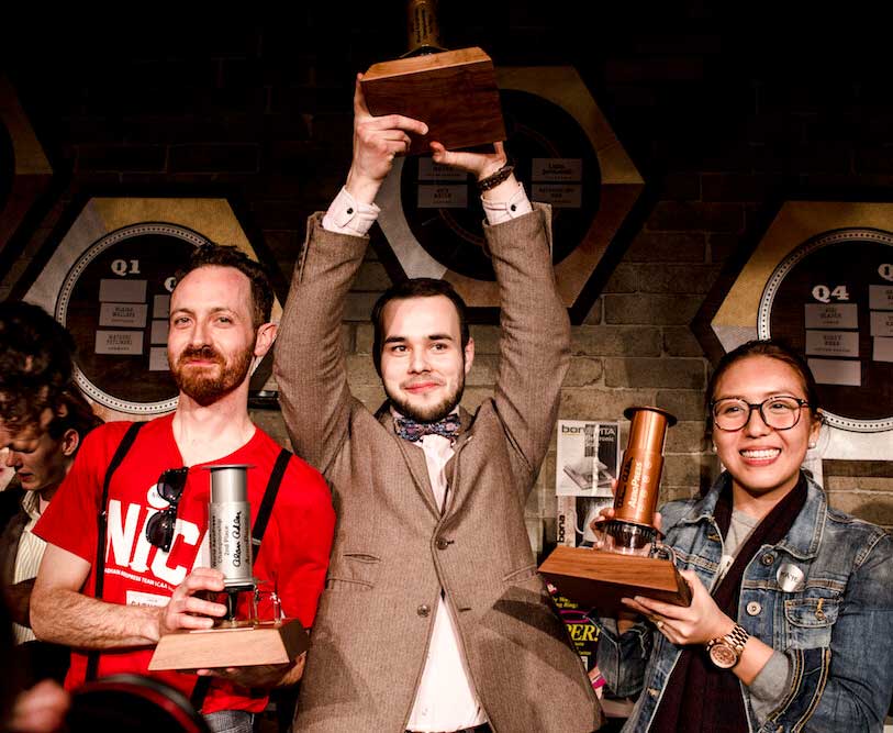 2015 World AeroPress Championship winners with trophies